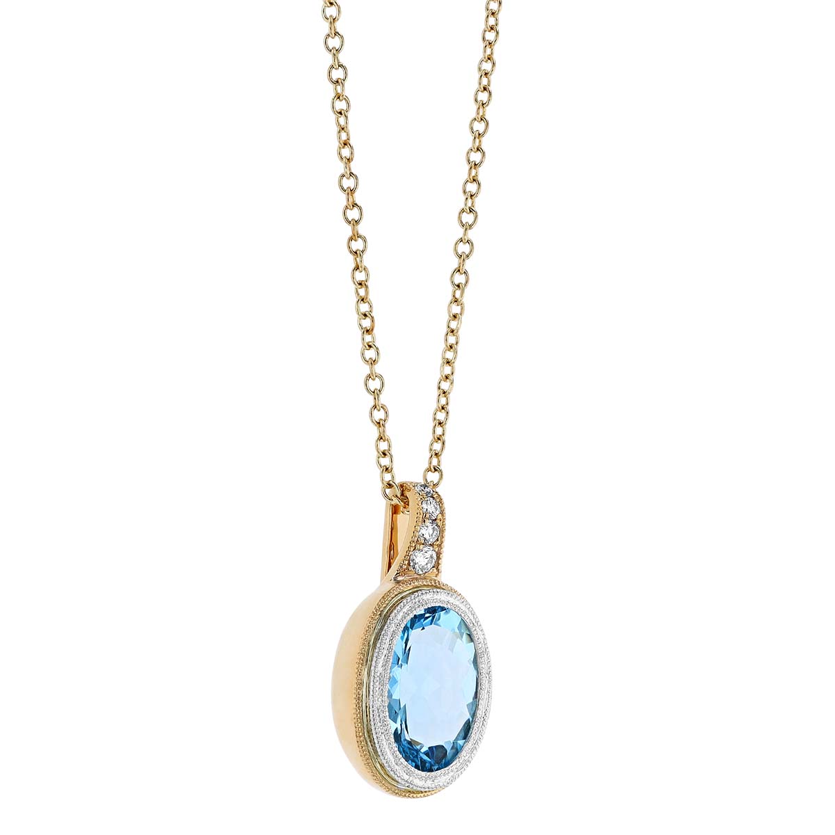 Oval Aquamarine Two Tone Milgrain Pendant, 18